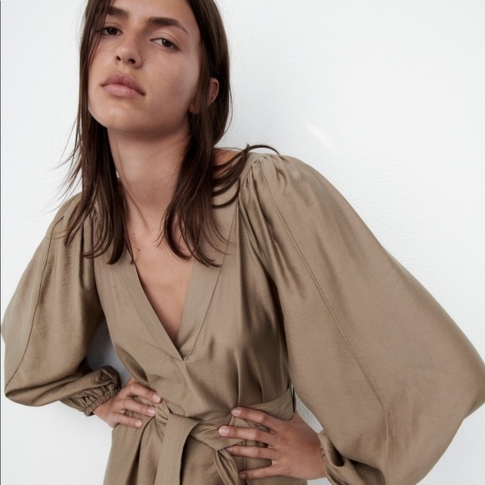 Zara NWT 🏷️ Khaki A-Line Dress With Belt Long Sleeves Room To Move XL - Picture 6 of 11